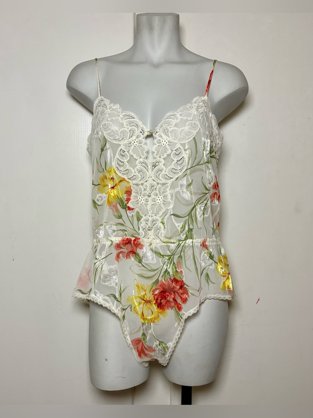 Vintage 80s Natori Cream Sheer Floral Chiffon Lace Trim Teddy Lingerie Romper